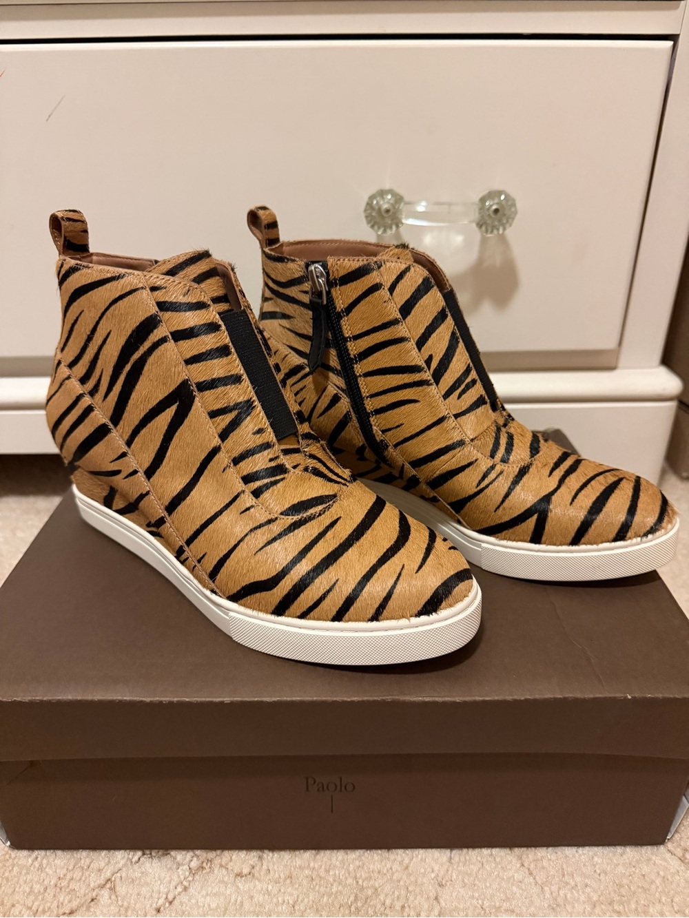Paolo Tiger-Striped Wedge Sneaker Booties - Calf Hair Fur-Tan & Black  6.5
